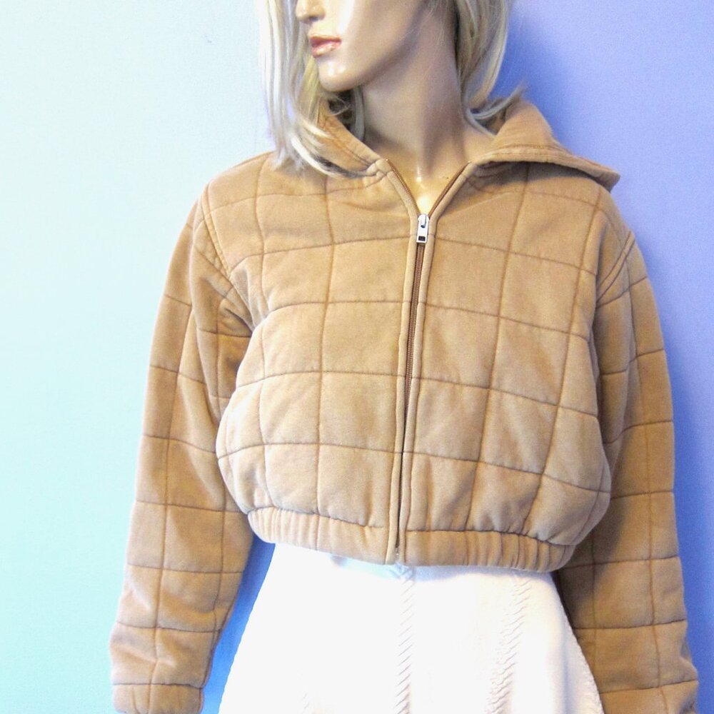 TNA COZY BOYFRIEND BROWN QUILTED CROPPED JACKET HOOD POCKETS 2XS